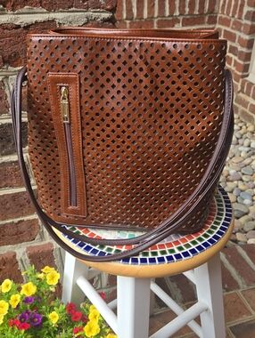 SAMOE Brown Perforated Leather Bucket Bag